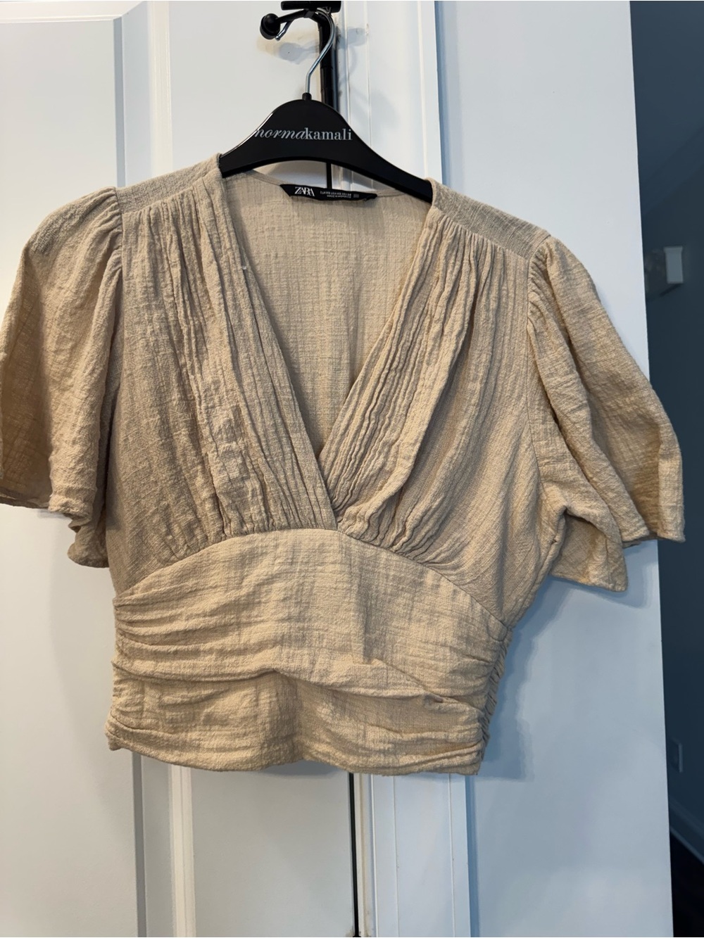 Zara Neutral Cream V-Neck Textured Puff Sleeve Top